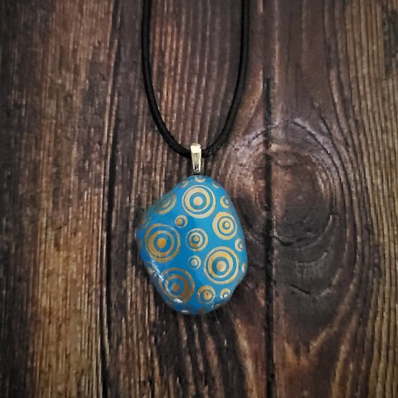 Hand Painted Dot Art Pendant, Turquoise and Gold - Picture 11 of 12